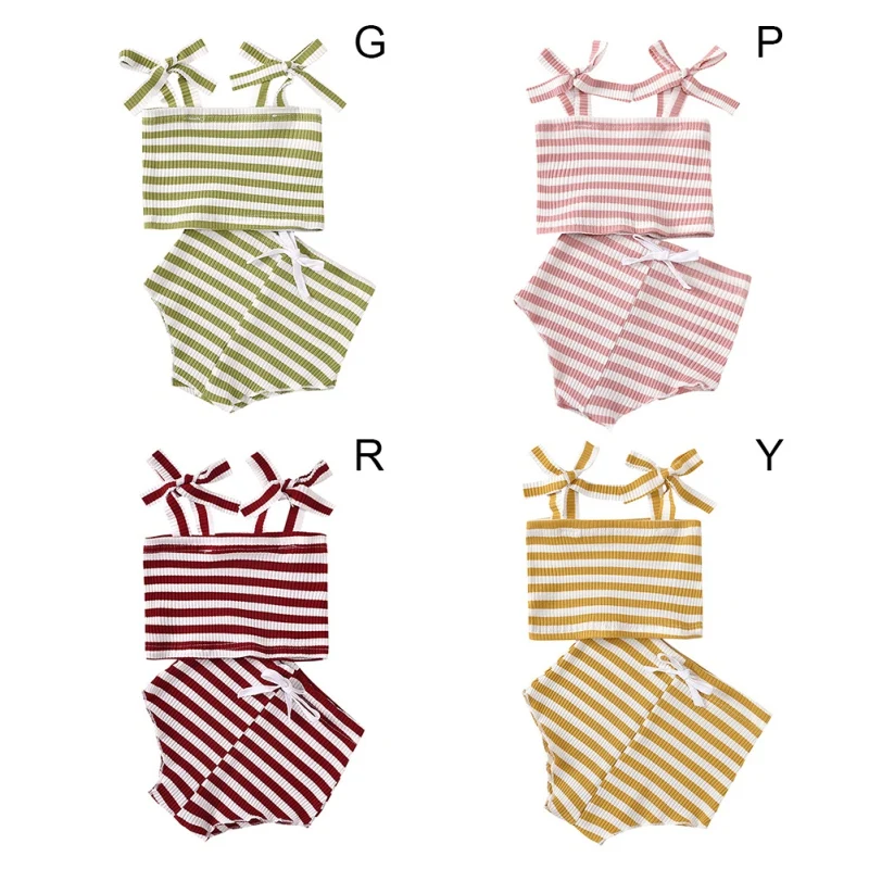 

New 2020 Baby Summer Clothing Newborn Kid Baby Girl Clothes Sling Stripe Cotton Tops Shorts Ribbed Solid 2Pcs Outfits Set