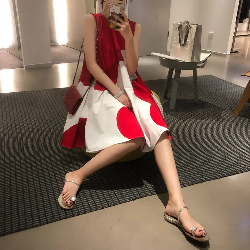 Dress Women Summer Basic Cozy 4XL Sleeveless A-line Printed Loose Casual Ladies Elegant Korean Style Trendy Simple Ulzzang Chic images - 6