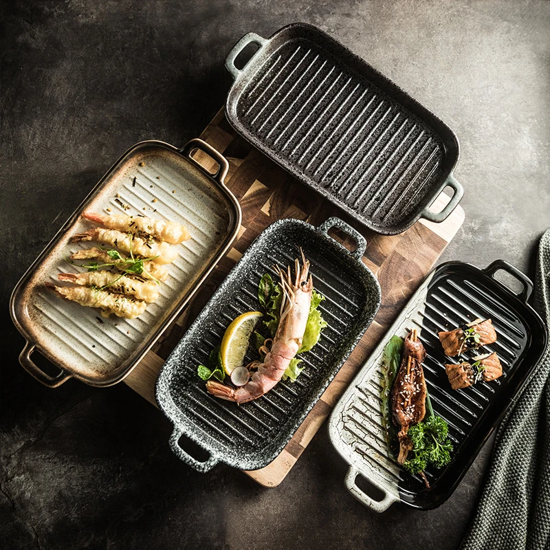 

New Japanese ceramic two-eared baking plate Oven-specific baked rice plate Creative Western plate string plate