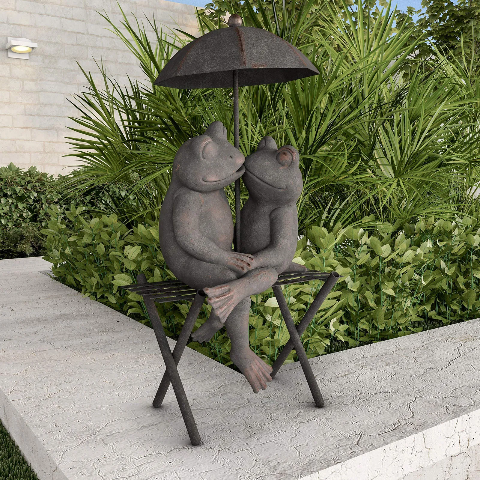 

Simulation Frog Couple Garden Durable Statues Resin Craft Umbrella Frogs Sitting On Bench Sculptures Home Garden Yard Ornaments