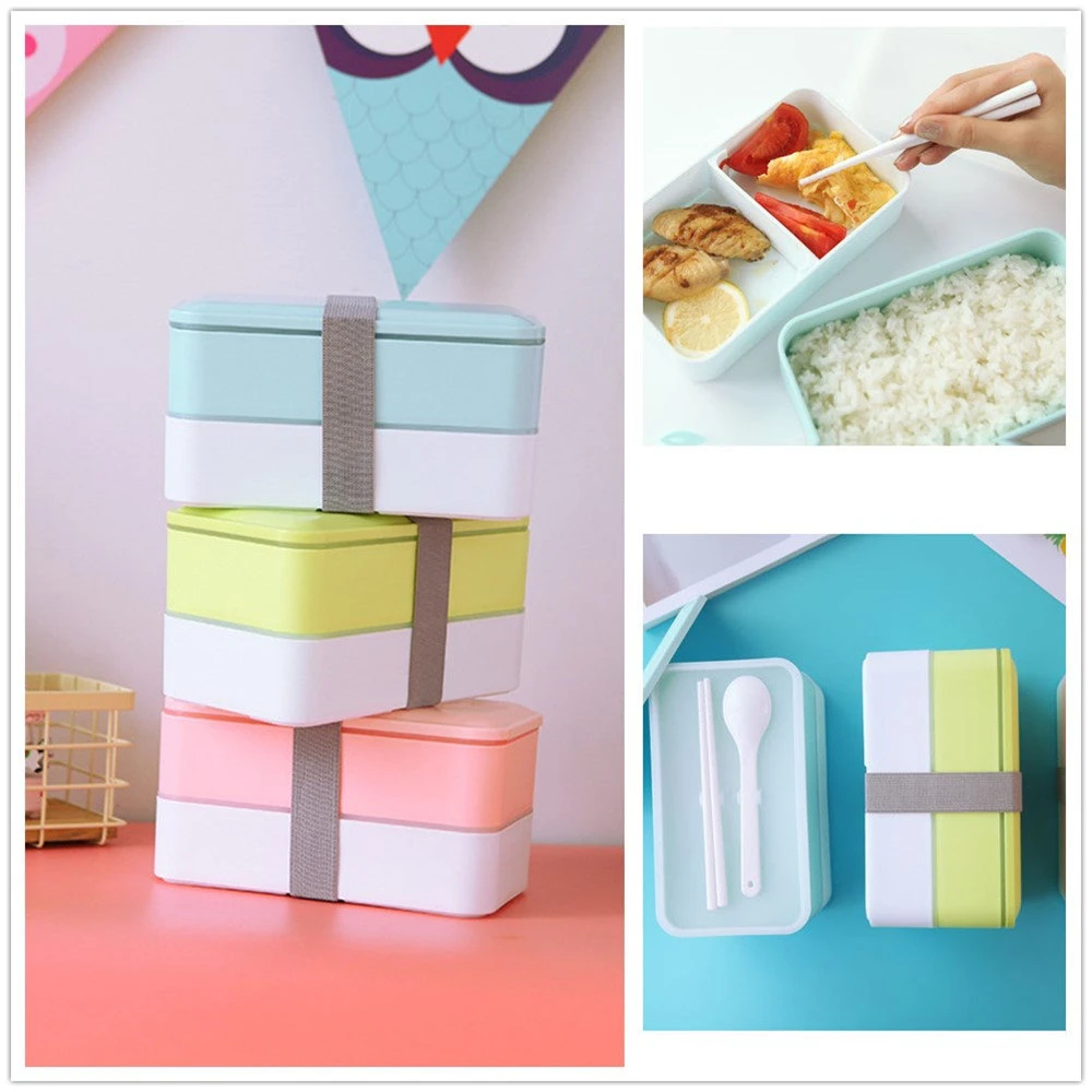 Двухслойная коробка для хранения ланча Tiffin Kawaii пластиковые коробки Bento