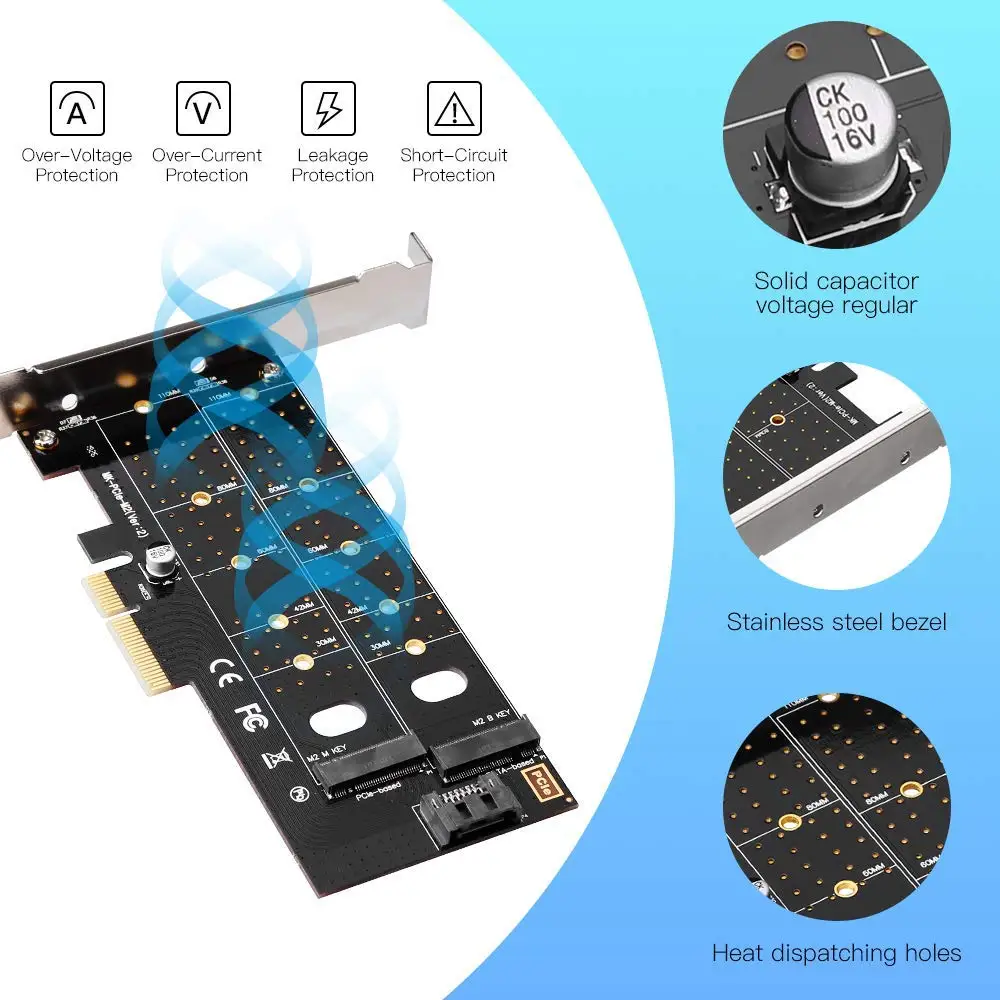 Адаптер PCIE Onvian 2 в 1 M.2 NGFF PCI e 3 0x4 на SATA или NVMe SSD Расширительная карта с поддержкой NVME