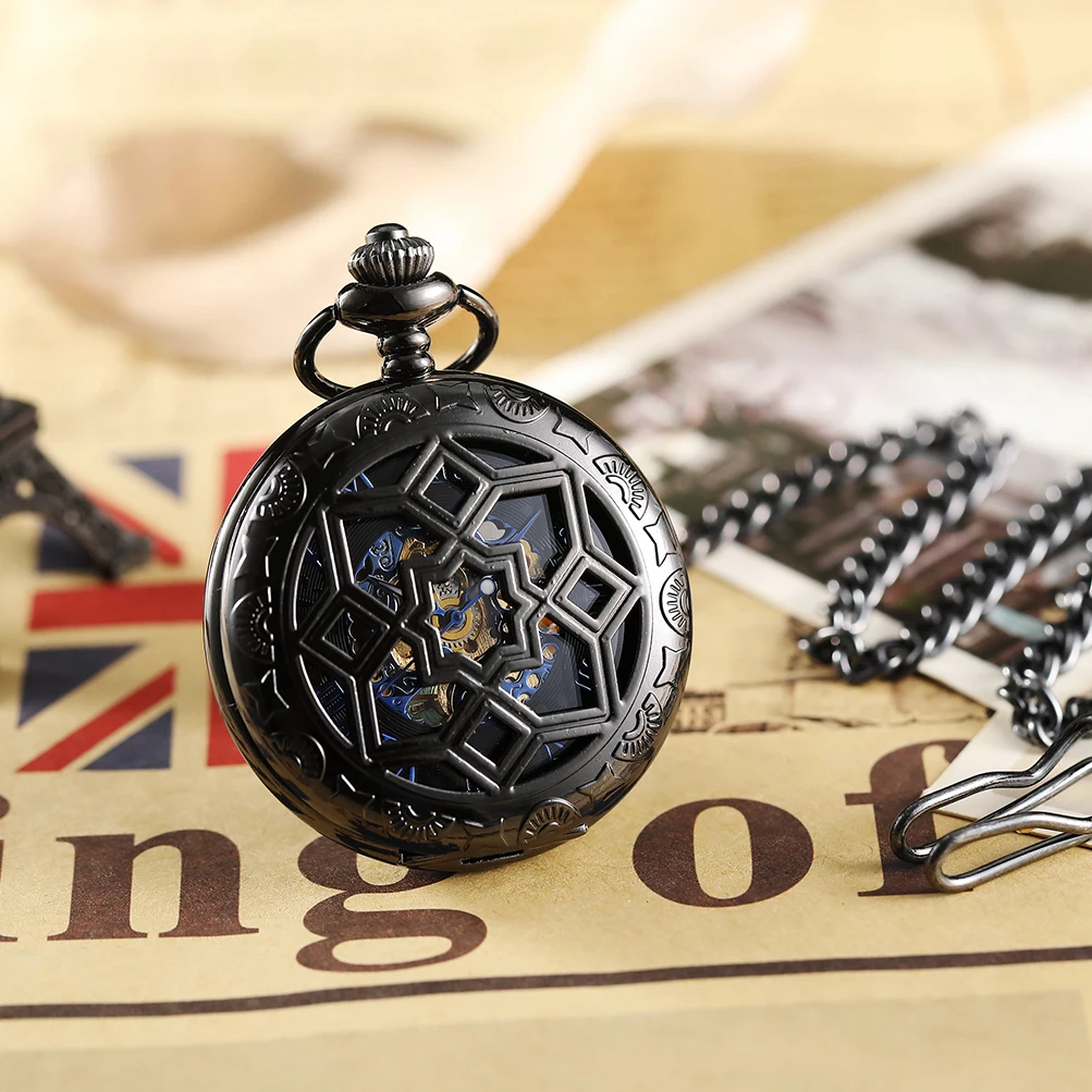 

Vintage Steampunk Mechanical Pocket Watch Necklace Geometric Patterns Retro Hollow Fob Chain Clock Pendant Men Women Chain Gifts