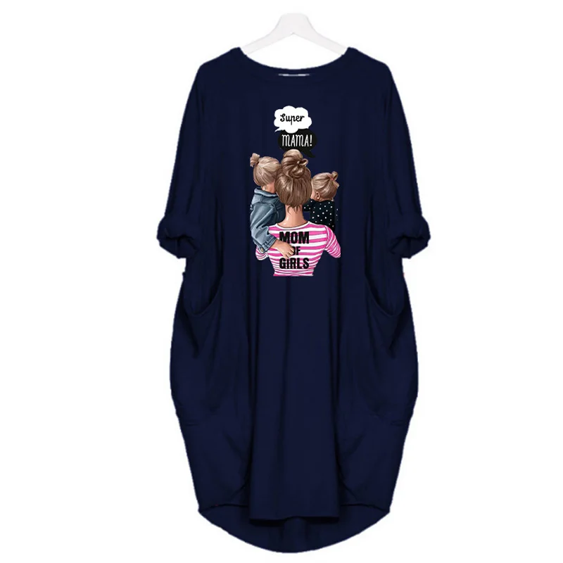 

Plus Size Dresses Women's Loose Midi Dress Long Sleeve Robes Femme Mama Kids Print O Neck Pocket Casual Vintage Vestidos Autumn