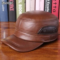 siloqin adjustable size genuine leather hat autumn winter man first layer cowhide military hats earmuffs keep warm flat cap bone