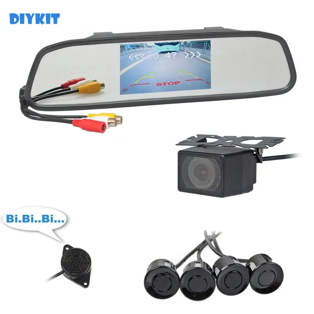 

DIYKIT 4.3" Rear View Mirror Car Monitor Kit + 4 Parking Radar + IR Night Vision Car Camera Parking Assistance System