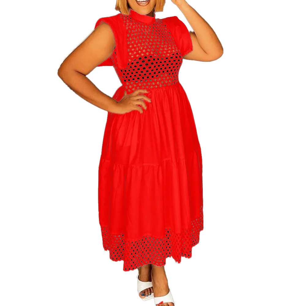 

Summer 2021 Flying Sleeves Hollow Out Splicing Sexy Temperament Commute Casual Solid Color High Waist Round Neck Western Style