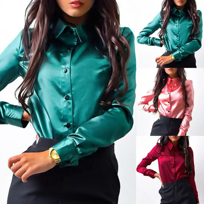 Модная элегантная женская однотонная Сексуальная атласная рубашка с длинным