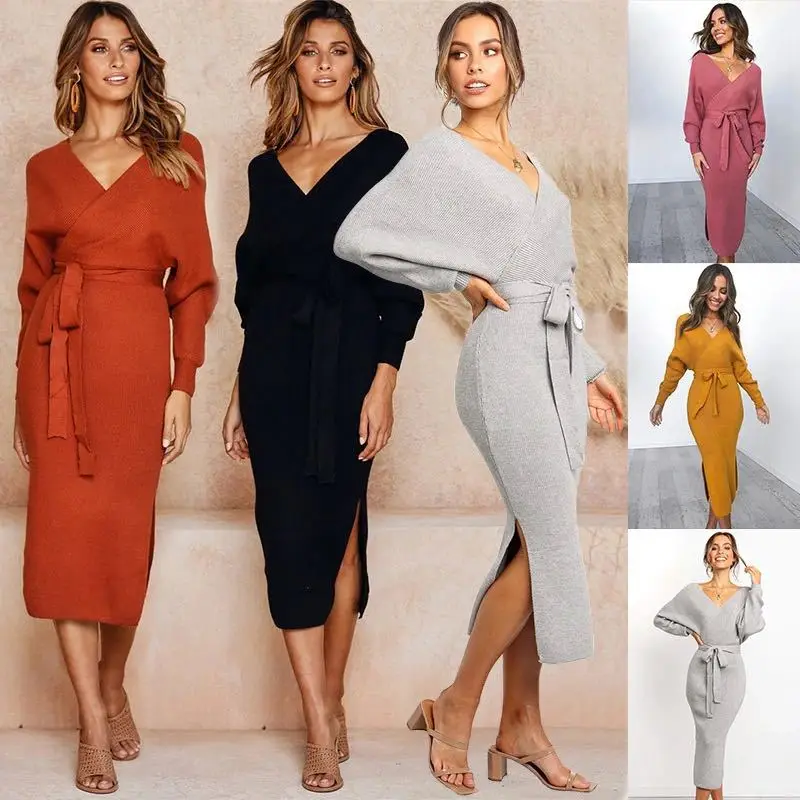 Женское трикотажное платье Mozuleva осенне зимнее свитер с v образным вырезом и