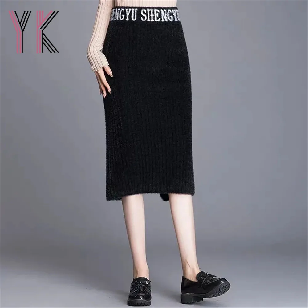 

Faux Mink Velvet Alphabet Print Elastic High Waist Back Slit Midi Pencil Skirts Autumn Winter Knitting Sukienka Black Warm Saia