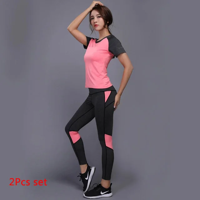 Pink 2 Pcs Set Комплект для йоги OLOEY из 2 предметов, одежда для спортзала, фитнеса, теннисная рубашка+ штаны для бега, облегающие Леггинсы для йоги и тренировок, спортивная одежда для женщин - Цвет: Pink 2 Pcs Set