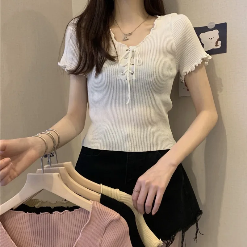 

Design Sense Niche Knitwear Women's Summer 2021 New Korean Style Lace V-neck Short Slim Fit All-Match Short Sleeve Top