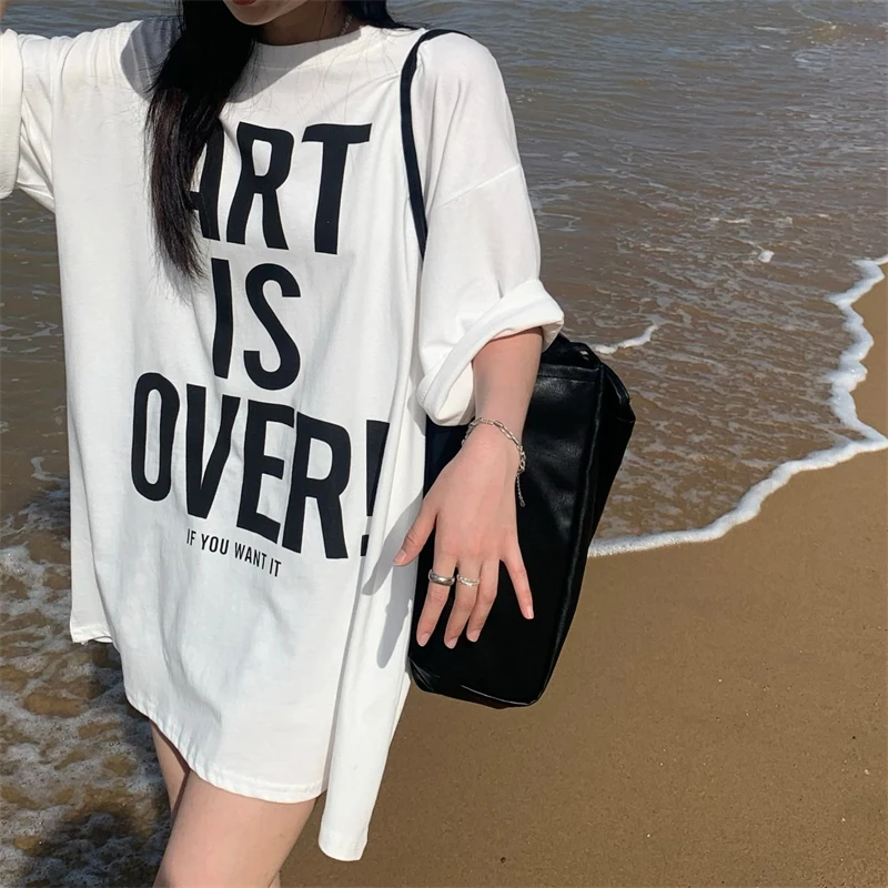 

2195 New letter print loose large black and white short-sleeved T-shirt