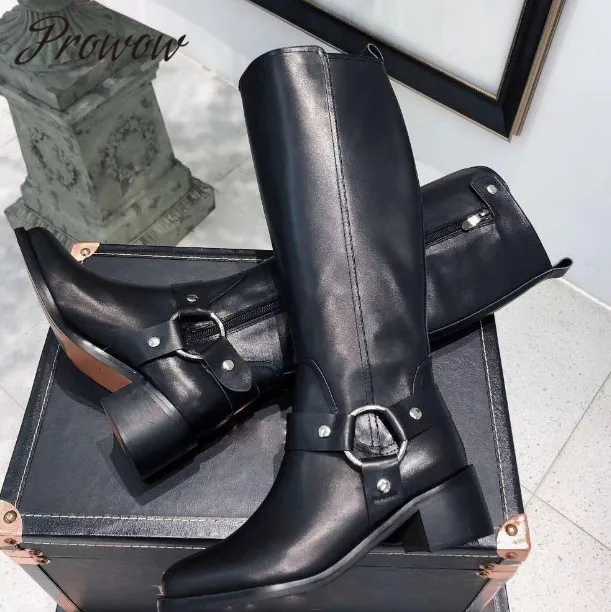 

Prowow Black New Genuine Leather Square Toe Knee HIgh Boots Thick Heel Low Heel Moto Boots Shoes Women Zapatos Mujer