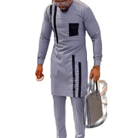 gray patchwork tops design cotton mens sets shirt with pant african fashion male groom suits wedding party ankara outfits