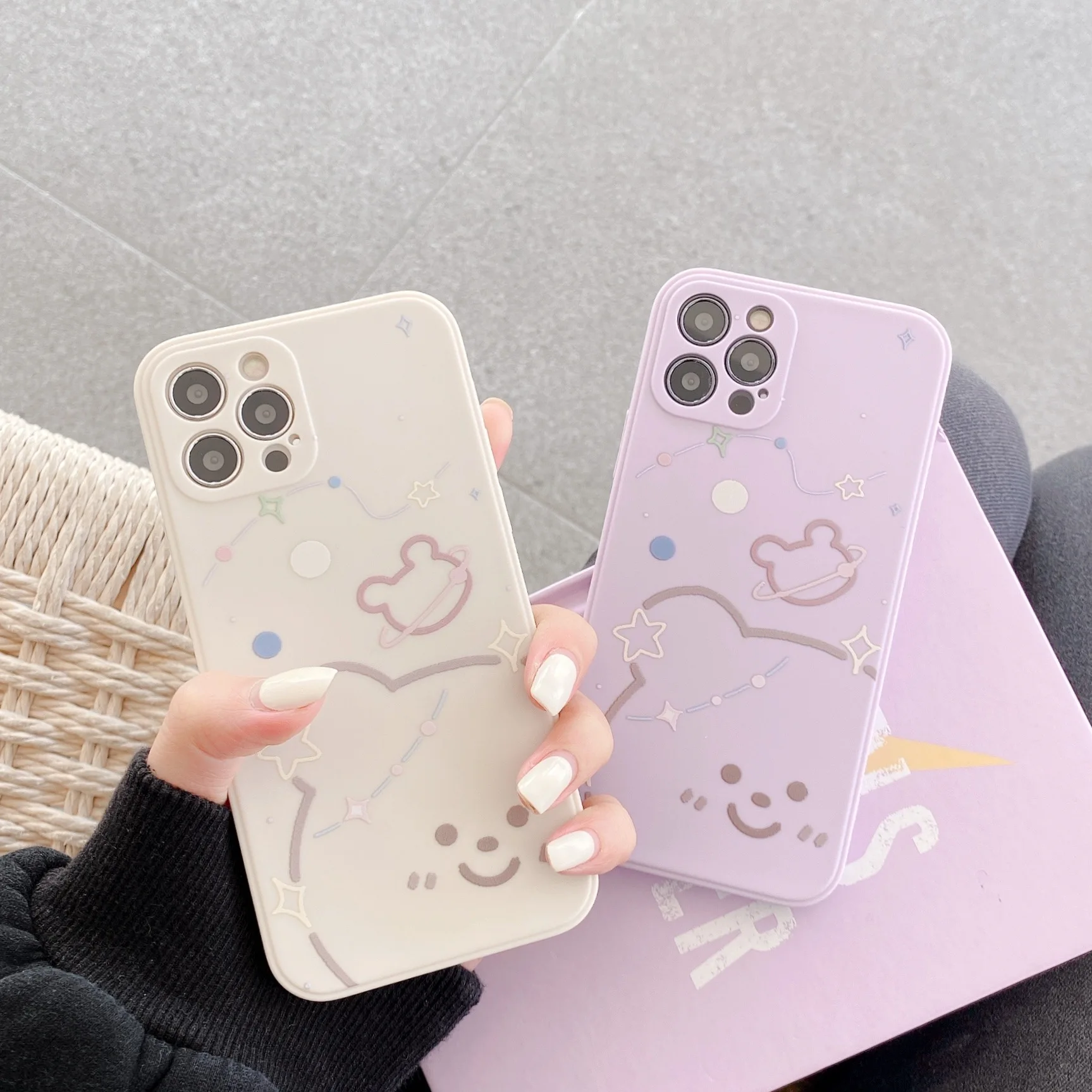 

Retro bear Planet doodle line art kawaii japanese Phone Case For iPhone 12 11 Pro Max Xr Xs Max 7 8 Plus X 7Plus case Cute cover