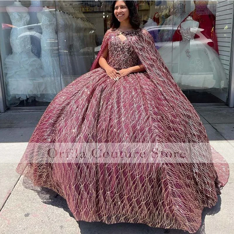 Фото ORFILA бордовое блестящее бальное платье Quinceanera платья с деформацией индивидуальное кружевное платье с блестками Sweet 16, праздничная одежда №1
