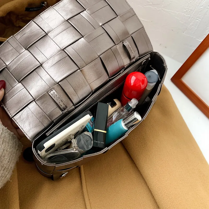 

Women Weave Messenger Bag Fashion Leather Braided Crossbody Handbag Lady Small Square Plaid Knit Shoulder Bag Sac De Luxe Femme