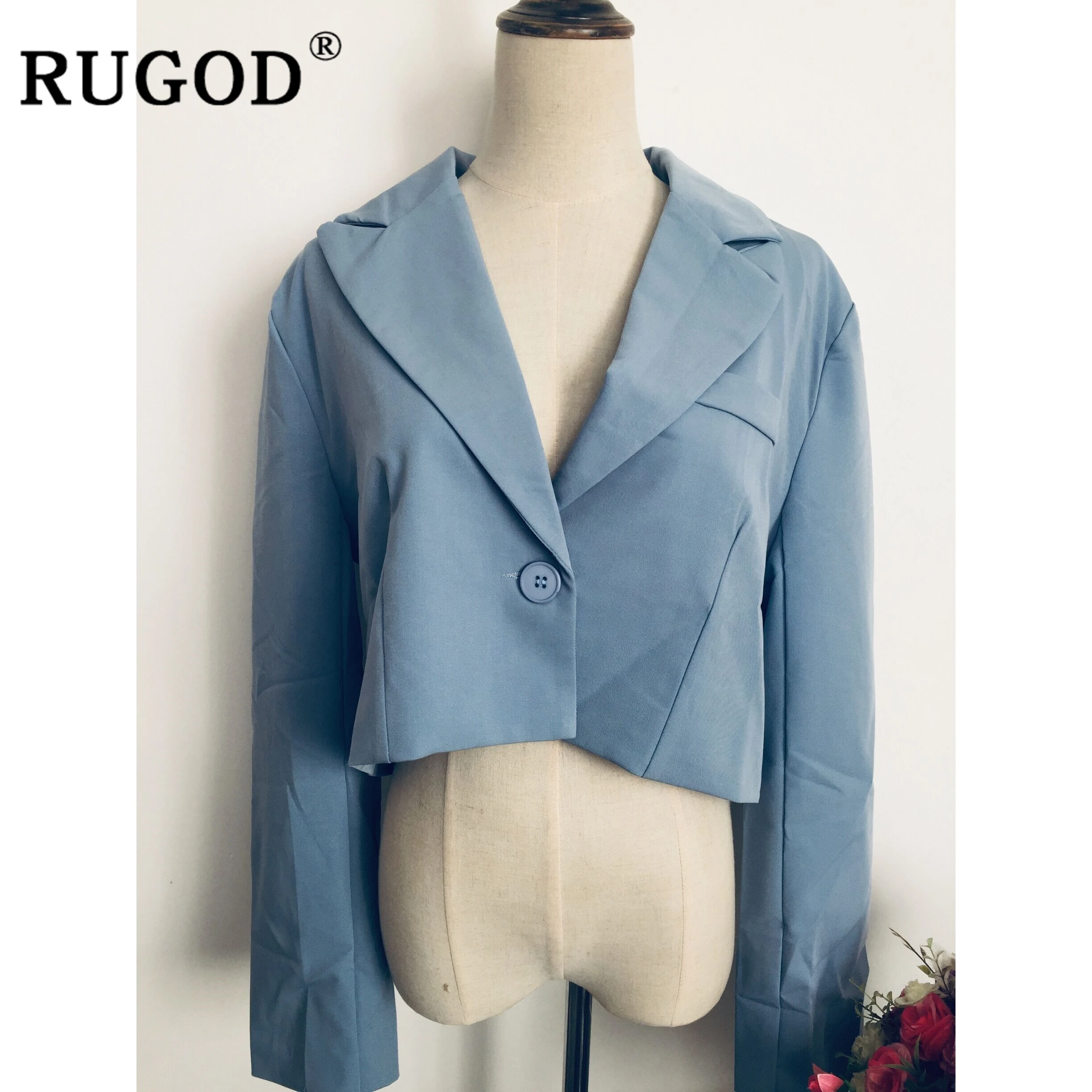 RUGOD, новинка, Осенний Блейзер, набор, зубчатый, на одной пуговице, короткая куртка, на пуговицах, тонкие брюки, модные, женские, элегантные, для офиса