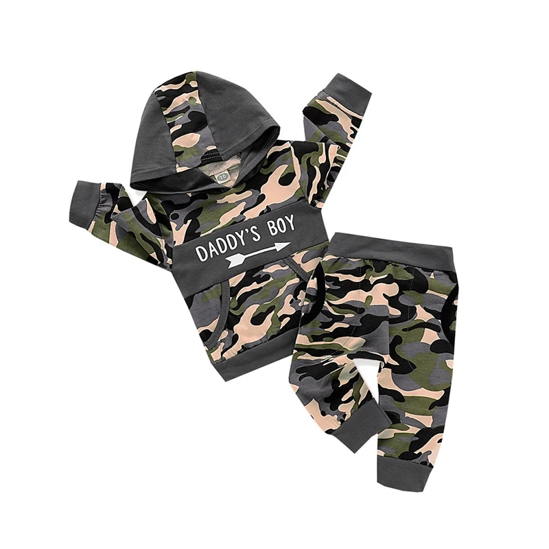 

3M-18M Autumn Camouflage Outfit Infant Baby Boys Hoodie Trousers Set Letter Pullover Hooded Tops Pants Outfits Baby Boy Clothes