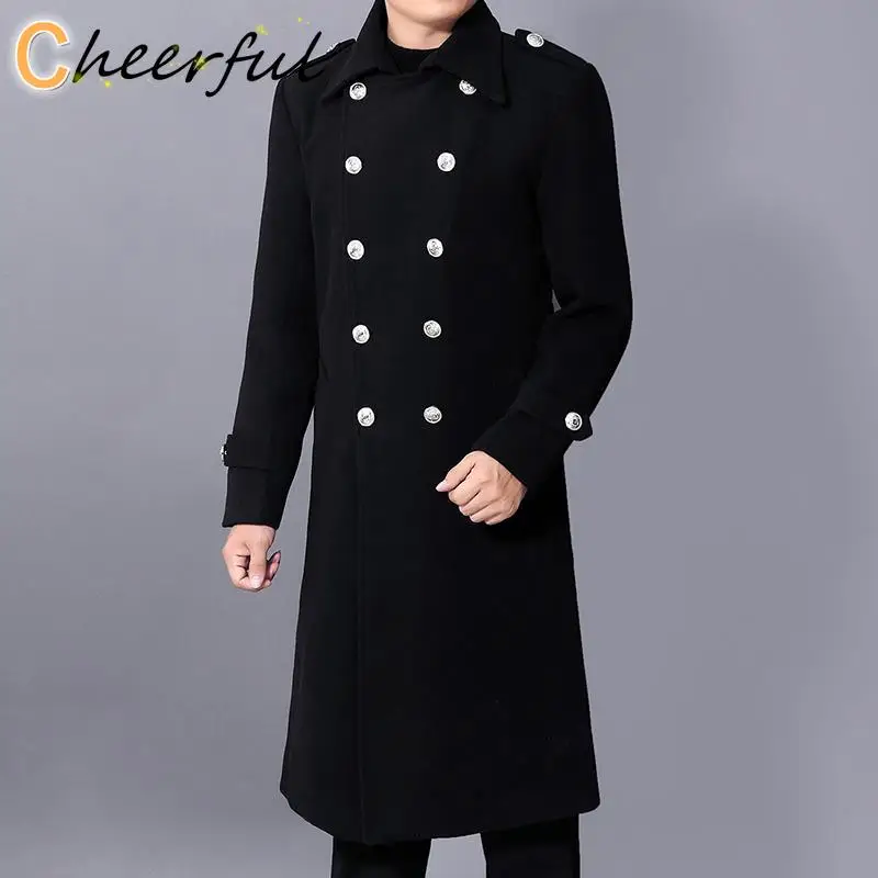 

Длинное пальто для мужчин, зимний теплый Тренч, пальто из шерстяной ткани, мужские двубортные приталенные повседневные куртки, однотонная д...