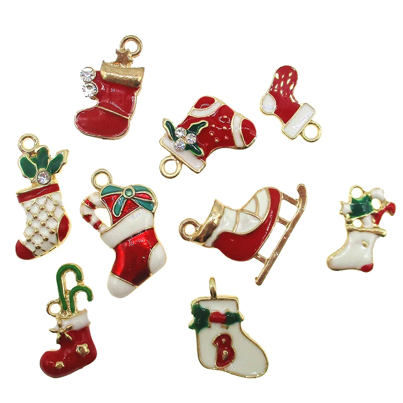 10pcs Mixed Christmas Socks sled Enamel Gift socks Charms Pendant Bracelet Party Metal Craft Decoration Tree Hanging DIY Jewelry