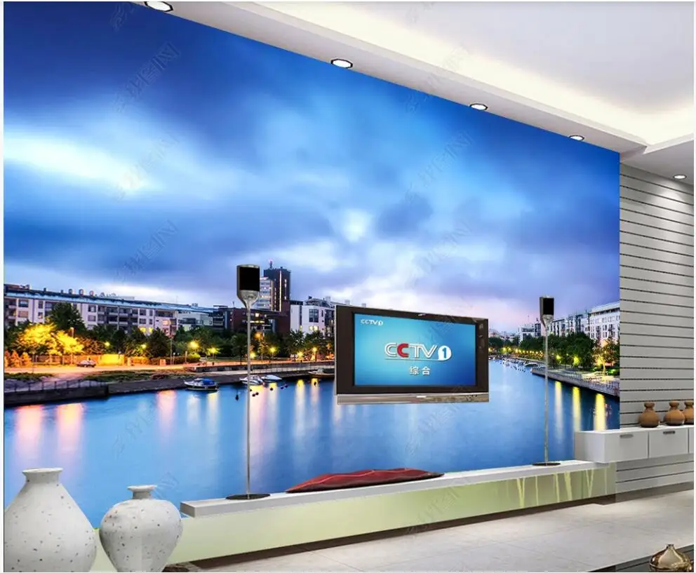 

Настенные 3D-обои на заказ, фотообои с изображением синего неба и белых облаков, реки и города, для гостиной, в рулонах, домашний декор