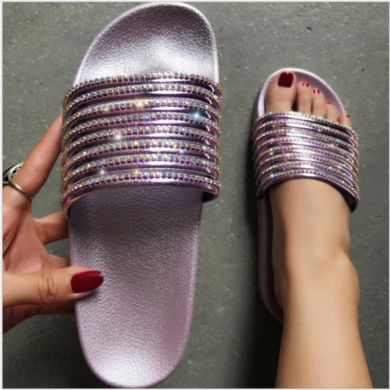 

LEMAI Casual Female Sandals Wholesale New Large Size Slippers Bright Surface Flash Diamond Sandals Holiday Beach Women Shoes