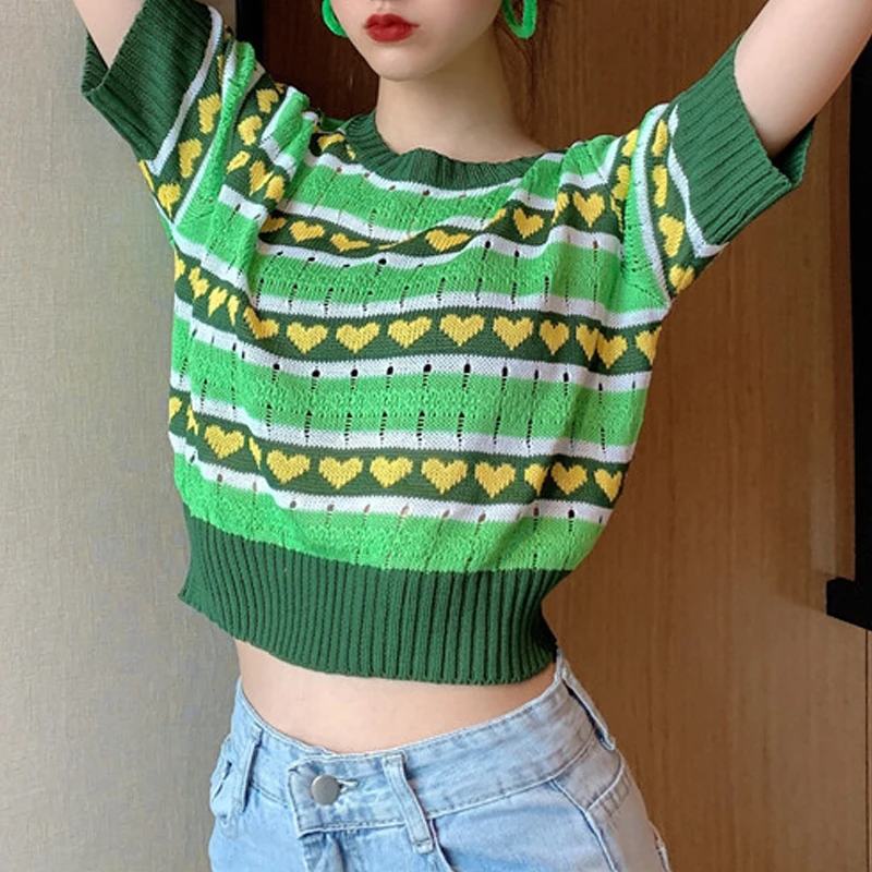 Женский полосатый ажурный зеленый укороченный свитер новые летние трикотажные