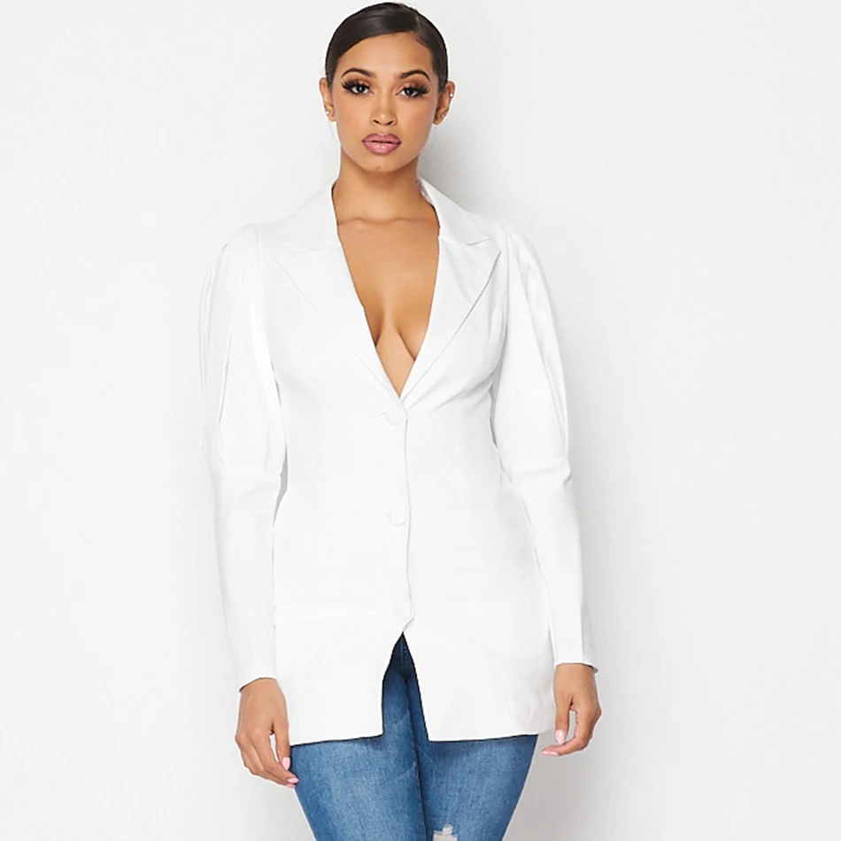 2021 New Women Fashion Sexy Blue Black White V-neck Long Sleeve Puff Single Breasted Pocket Decorative Coat | Женская одежда