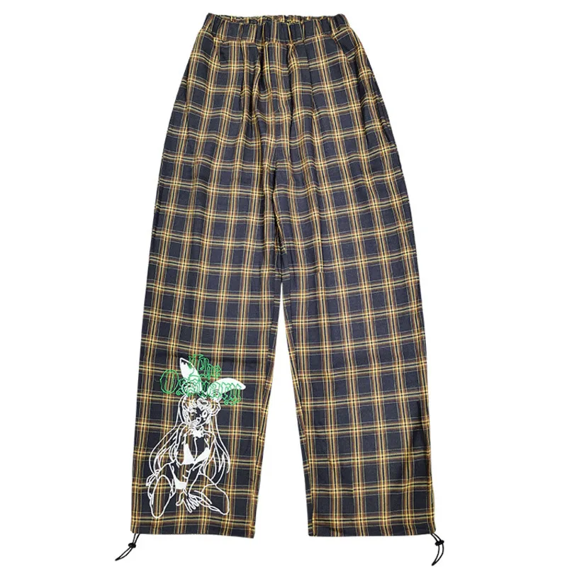 

Vefadisa Green Khaki Plaid Print Wide Leg Pants Women 2021 Spring Elastic Waist Women Pants Cartoon Embroidery Pants QYF4852