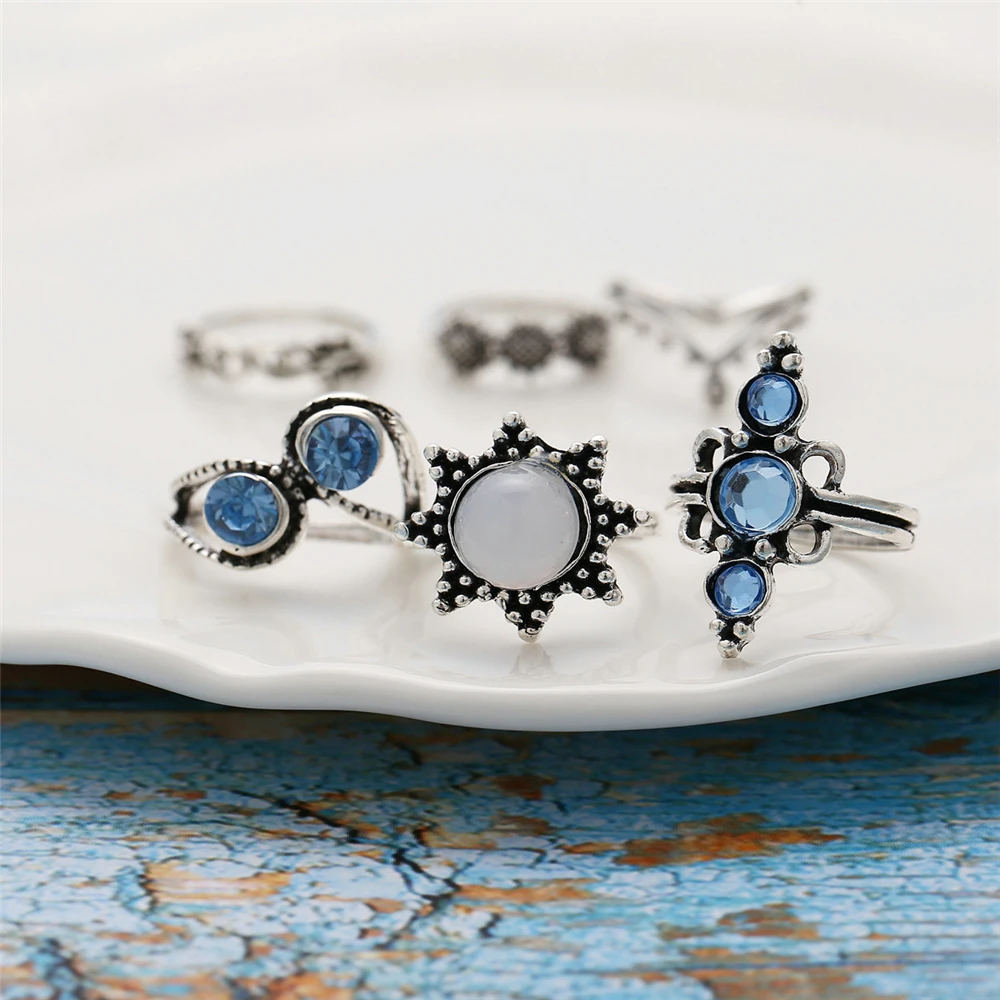 Винтажные наборы с синими кристаллами и цветами геометрические кольца от солнца