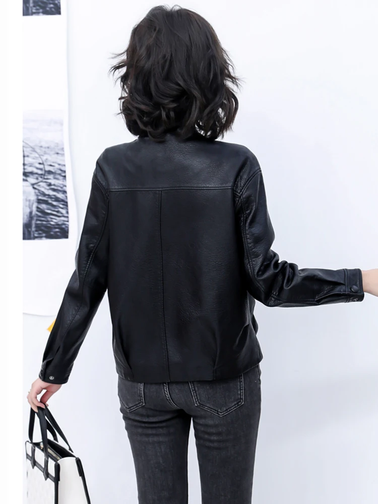 New Women Sheepskin Outerwear Spring 2022 Designer Moto Biker Coat Fashion O-Neck Solid Color Loose Short Sheep Leather Jacket