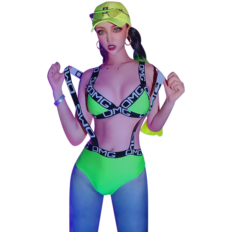

Bar Ds Performance Costumes Nightclub Fluorescent Green Strap Bikini Sexy Stage Dance Costume Jazz Dancer Rave Outfit DN6552