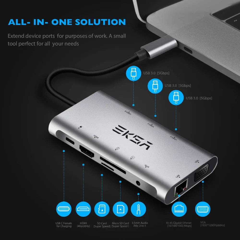 EKSA концентратор USB type C до 3,0 USB HDMI RJ45 usb-хаб для MacBook Pro Аксессуары USB разветвитель Мульти 10 портов type C концентратор USB-C