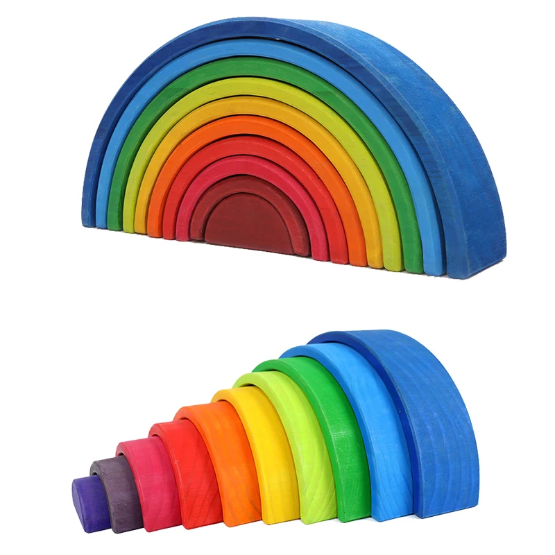 

Large 10 Pieces Rainbow Stacker Nesting Puzzle Toys Tunnel Stacking Game Montessori Toys Baby Wooden Building Blocks Toddler Toy