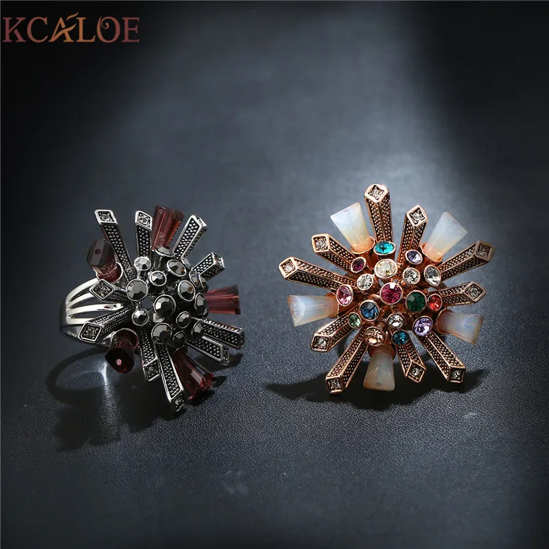 KCALOE Colorful Rhinestone Cubic Zirconia Ring Antique Rose Gold Color Crystal Column Big Flowers Wedding Women Rings Jewellery | Украшения