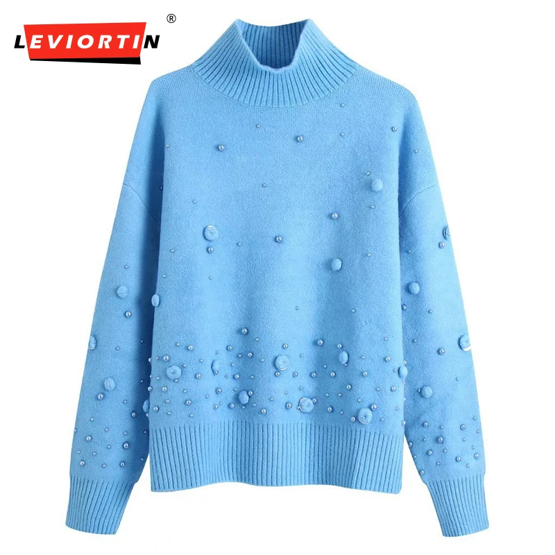 

Женский свободный вязаный свитер LEVIORTIN, винтажный пуловер с длинным рукавом и высокой горловиной