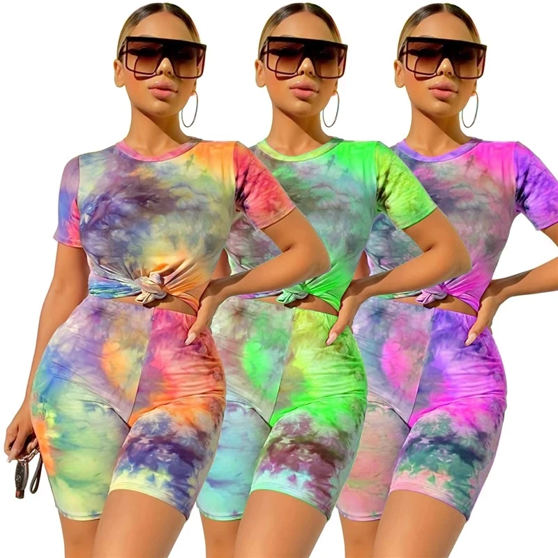 

2PCS Women Sports Tie Dyeing Print Tops High Waist Biker Shorts Pants Workout Clothes Tracksuit Outfit Casual 2 Piece Set 2021