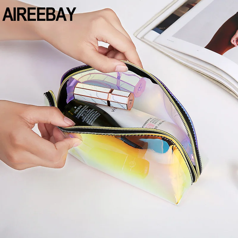 AIREEBAY Лазерная косметичка модный фирменный дизайн голографический прозрачный чехол для макияжа прозрачный, с застежкой на молнии кошелек сумка для туалетных принадлежностей