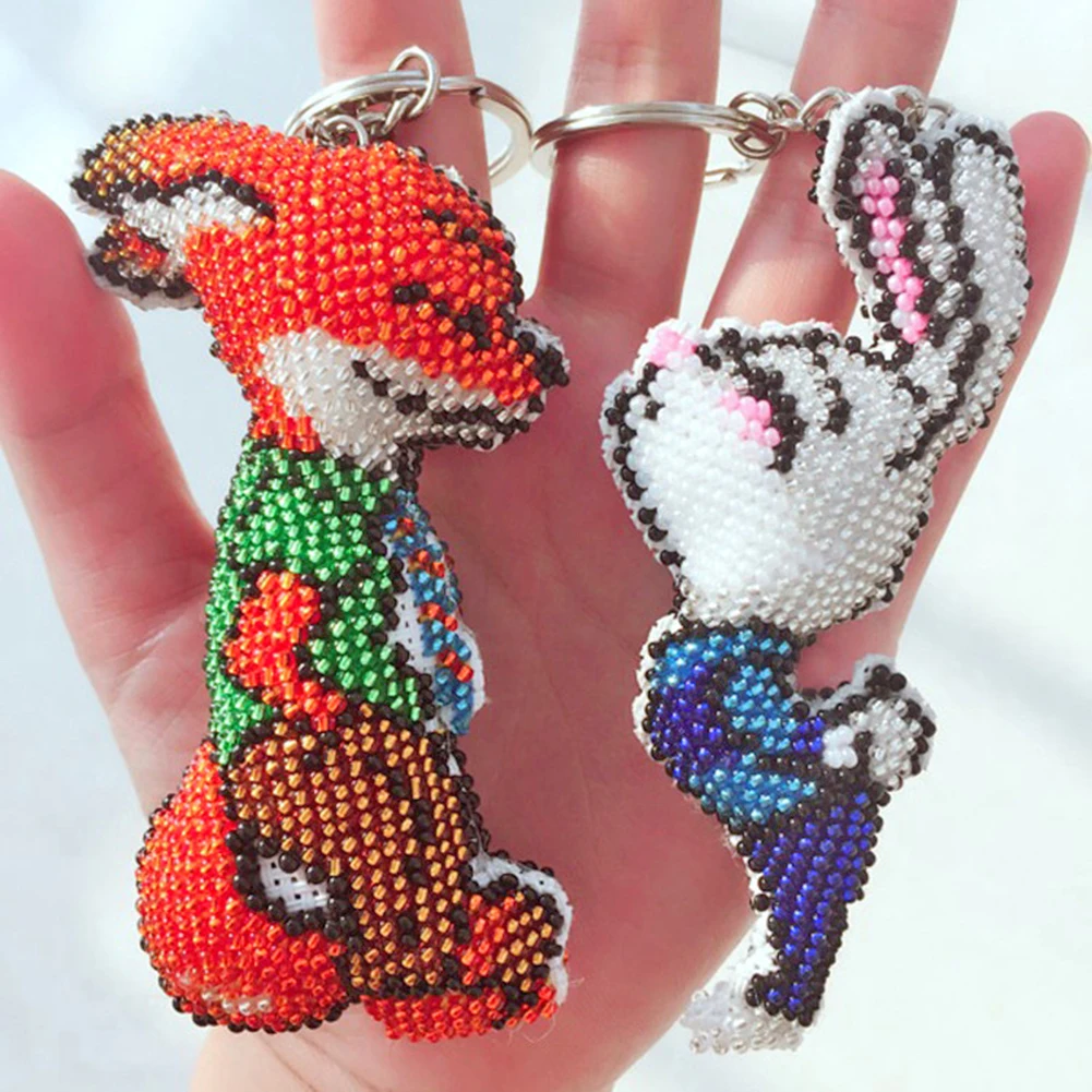 

Stamped DIY fox Rabbit Handmade Craft Bead Cross Stitch Keychain Printed Embroidery Needlework Key Ring Kit for Gift Backpack Pe