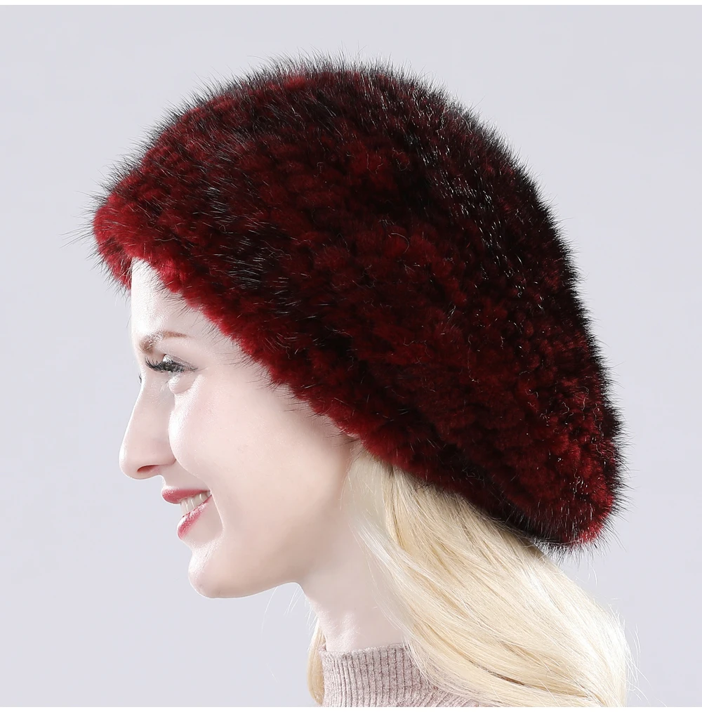 Hot Sale Russia Women Winter Real Mink Fur Berets Hat Hand Knitted Real Natural Mink Fur Cap Lady Luxury Real Mink Fur Hats