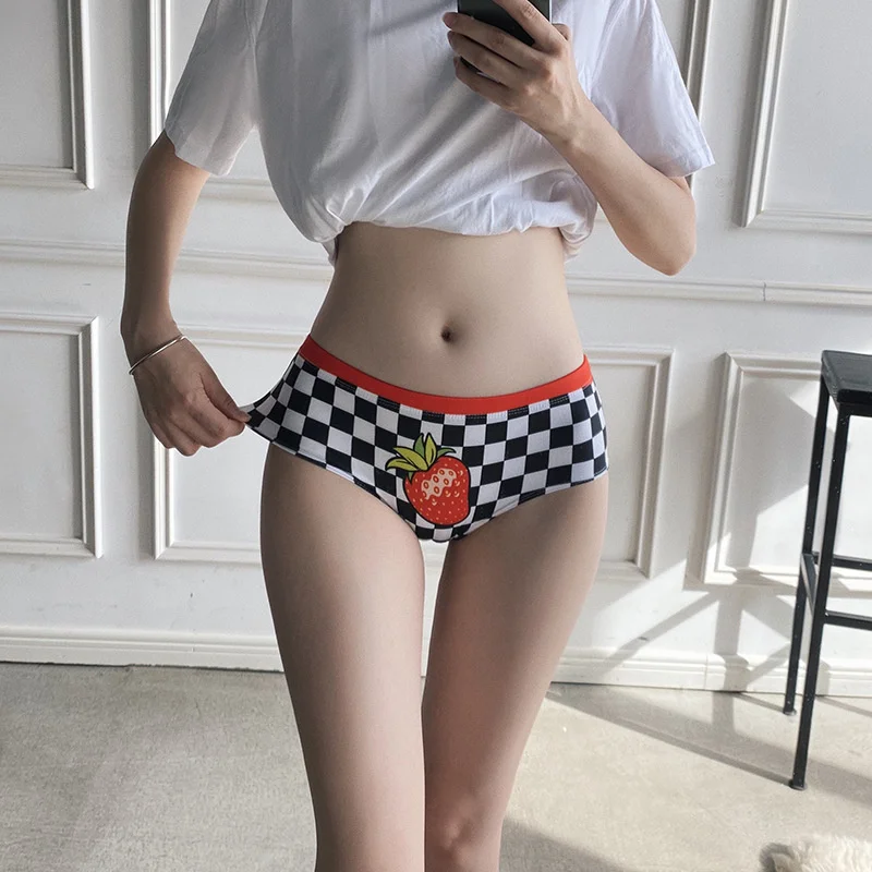 

sexy lingerie panties women underwear ropa mujer lenceria Black and white grid printing watermelon Strawberry sports No trace