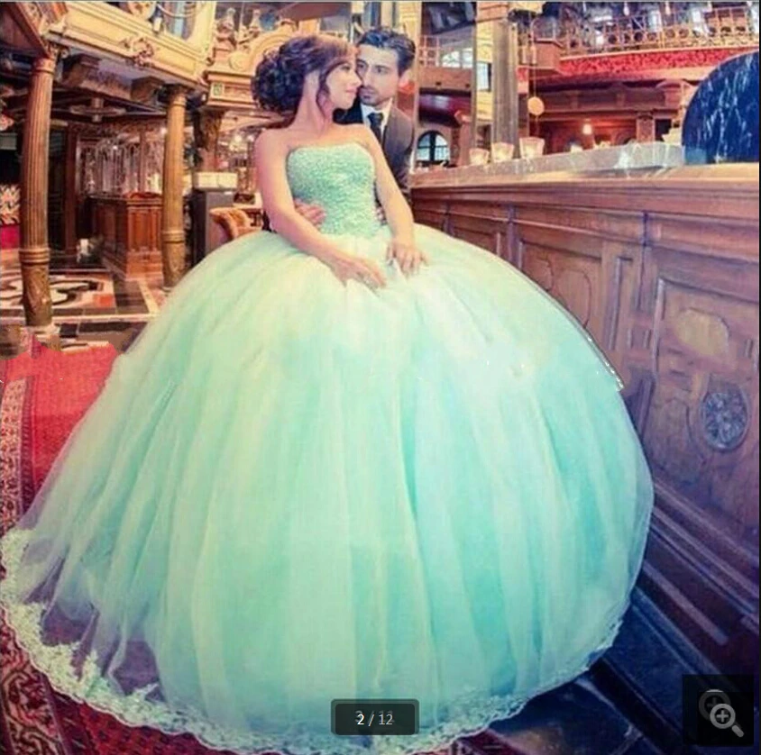 

2020 free shipping green tulle ball gown prom dress lace appliques beaded sequins princess prom gowns sweet 16 quinceanera dress