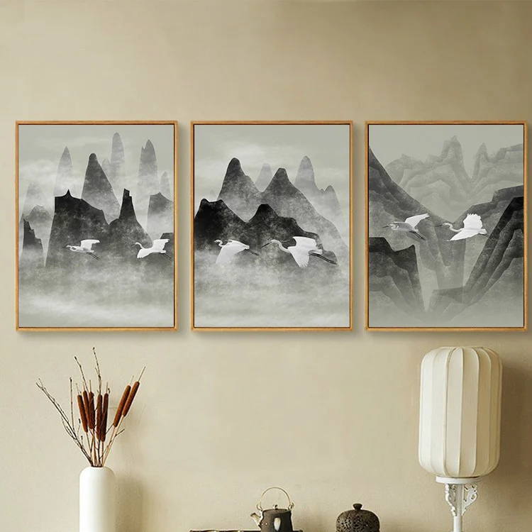 Черные белые китайские чернила Постер горного пейзажа Настенная картина для