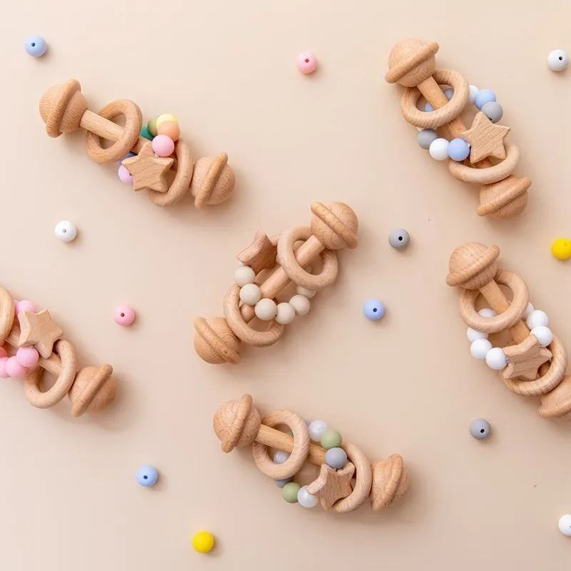 

Детская деревянная погремушка в форме звезды, Прорезыватель зубов для детей, музыкальная цепочка для соски, развивающая детская коляска Мо...