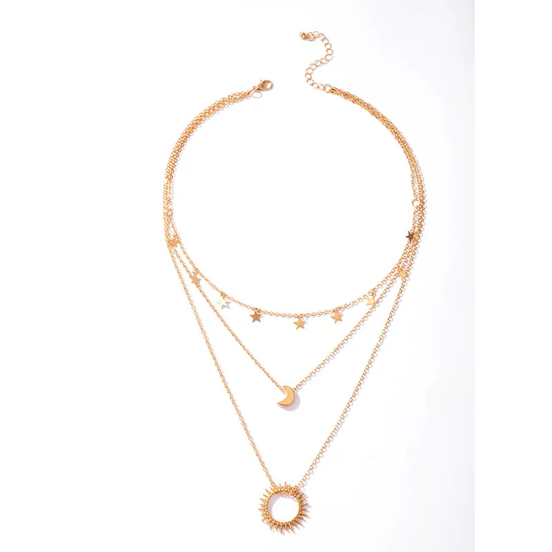 

FXCUBE Boho Star Moon Multi-layered Pendant Necklace Fashion Punk Tassel Geometric Circle Sun Flower Choker Necklaces Jewelry