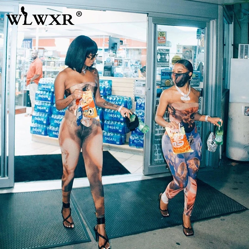 WLWXR Oil Painting Off Shoulder Summer Romper Women Sexy Bodycon Jumpsuit Female Backless Club One Piece Ladies | Женская одежда