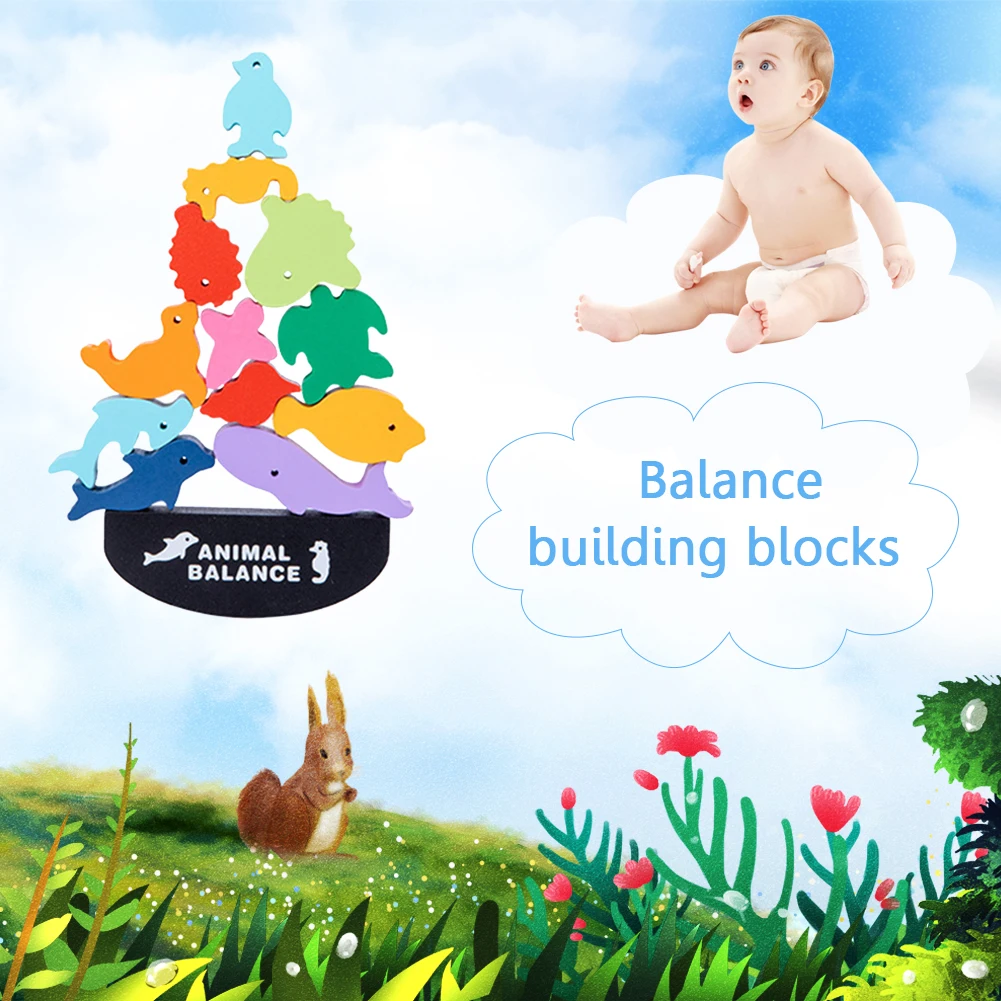 

Balanced Building Blocks Kids Early Learning Educational Teaching Wooden Toys Assemble Toy Games Jigsaw 12 Animals