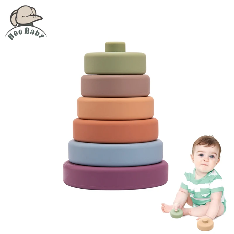 Bloques de construcción de forma redonda para bebé, juguetes de apilamiento de silicona suave, mordedores de goma Montessori, 6 uds.